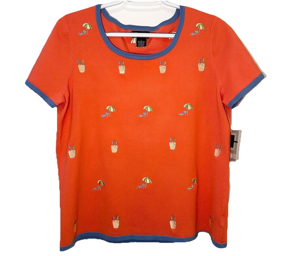 Hampshire Studio Lobster Embroidered Knit Top Orange Blue Trim Size L NWT